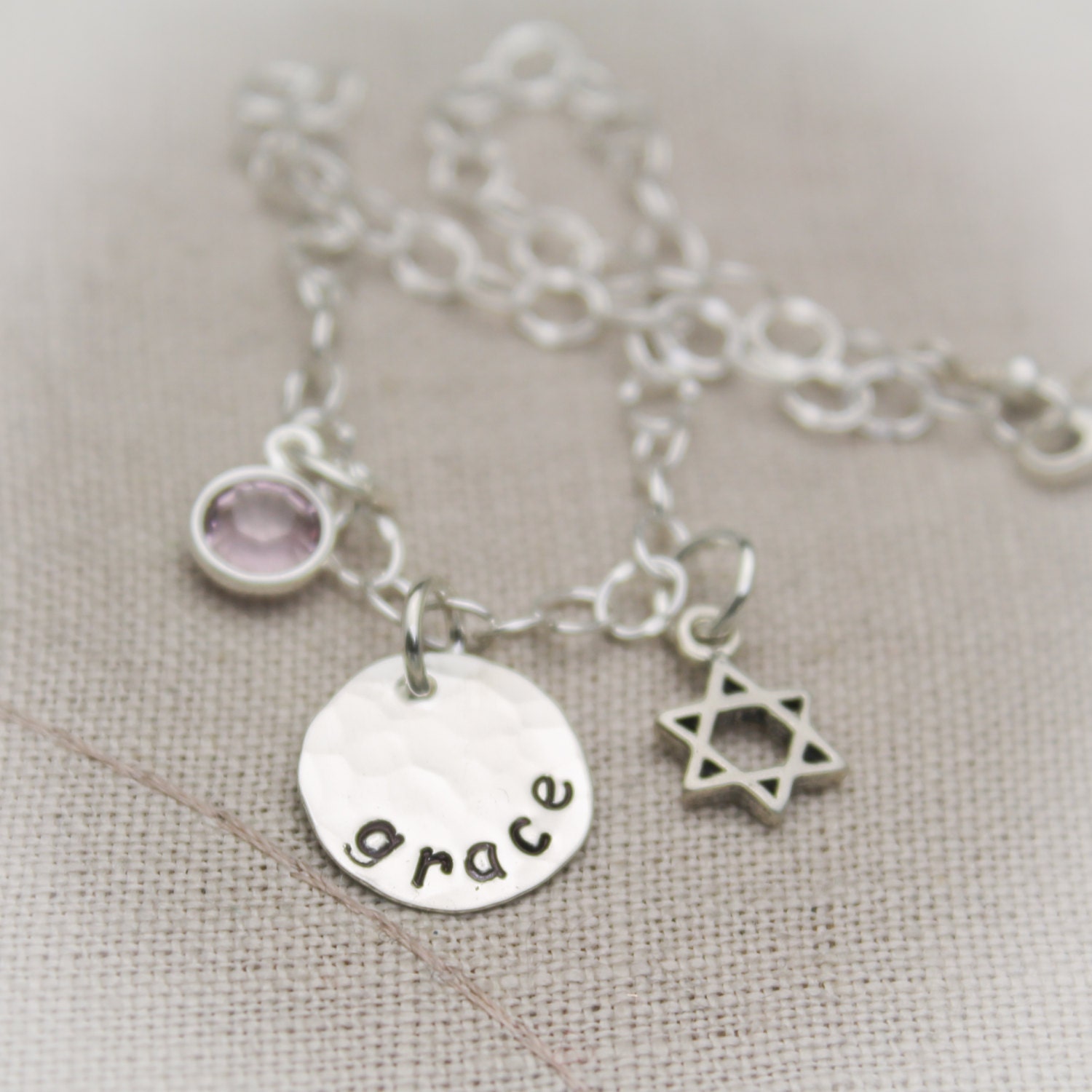 Bat Mitzvah Star of David Charm Bracelet with Birthstone Sterling Silver Personalized Hand Stamped