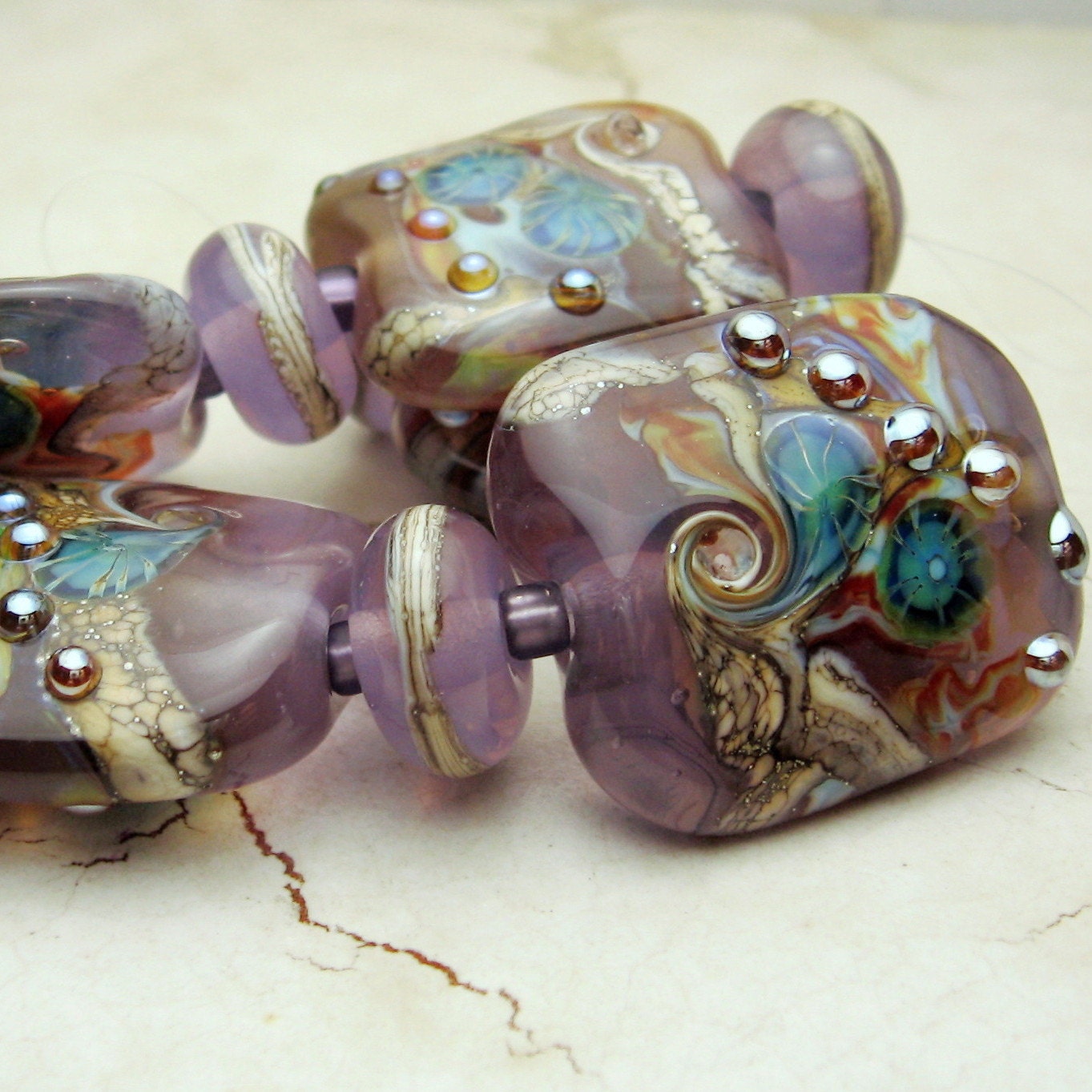 Lampwork Glass Bead Set Sra Purple Lavender Green