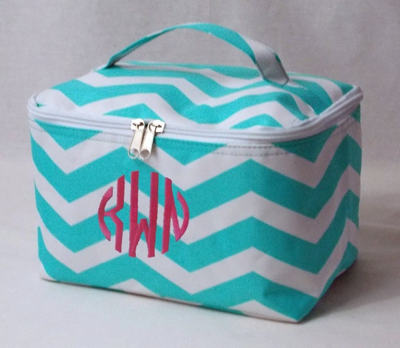 Personalized Cosmetic Case Aqua and White Chevron Pattern