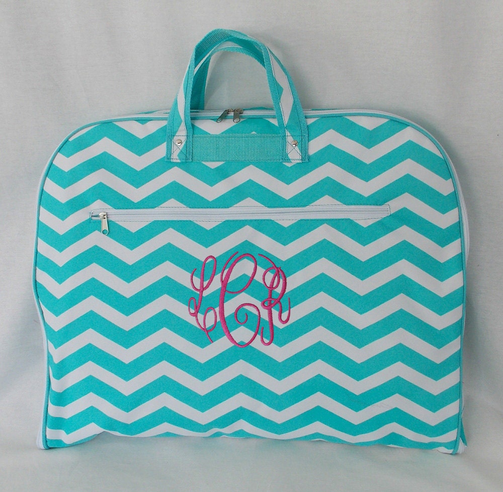 Personalized Hanging Garment Bag Aqua and White Chevron Print