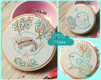 PDF. Hand embroidery Pattern. Deer girl, owl and bird.
