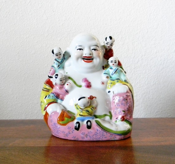 Vintage Porcelain Laughing Buddha with 5 Kids