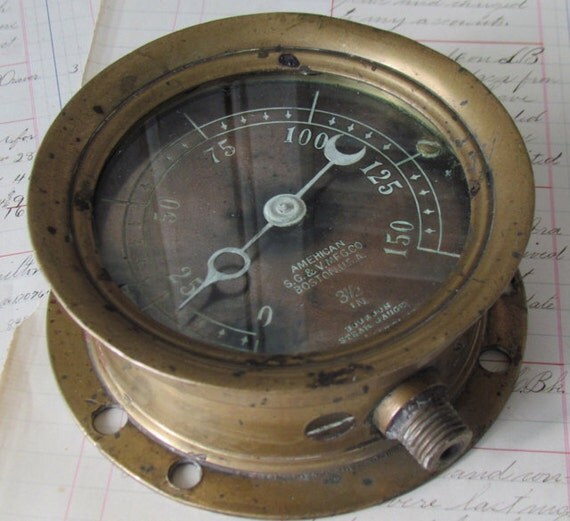 Antique Brass Steam Gauge . S. G. & V. Boston Bourdon