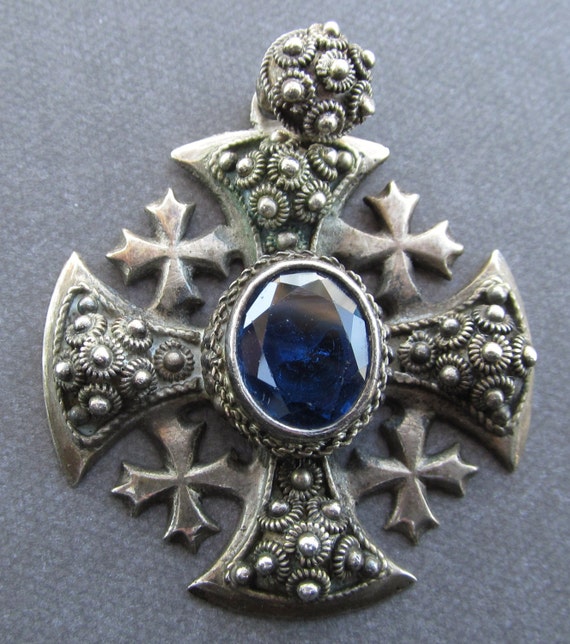 Antique Jerusalem Cross 950 Silver With Blue Stone by davidjp1927