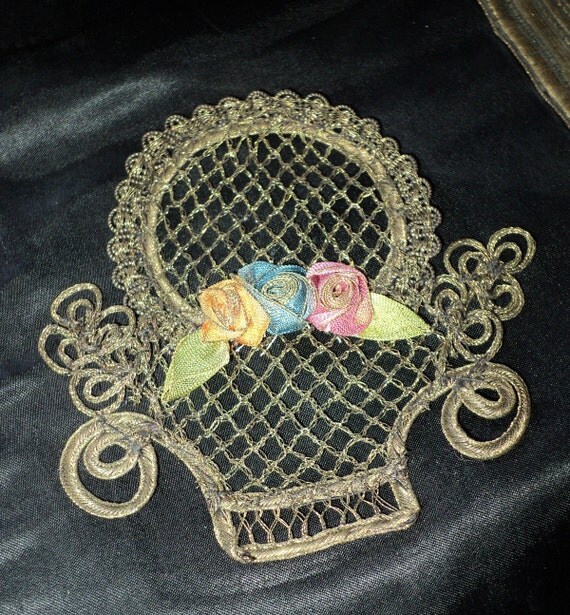 Metallic Basket Applique with Silk Ribbonwork Bouquet 1920s