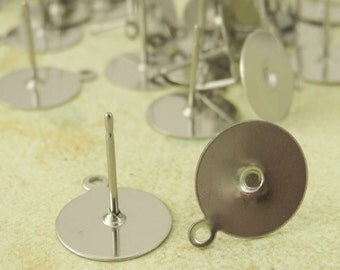 Surgical Stainless Steel Earring Posts with Loop - 10mm Pad - Hypoallergenic - Glue On - 20 Pairs