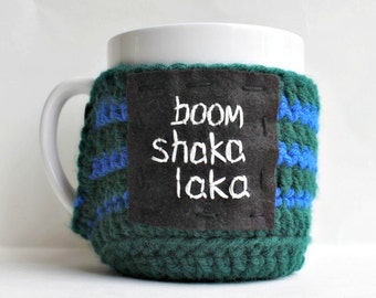 Funny coffee mug cozy tea cup boom shakalaka green blue crochet handmade cover