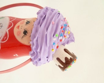 Cupcake Headband with Marshmallow photography prop ,first birthday party hat , tea party hat and for cupcake costume purple icing