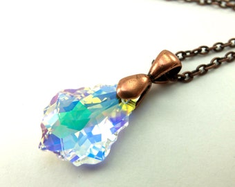 Copper Necklace Crystal Pendant Clear Crystal Dark Copper Jewelry Beaded Necklace