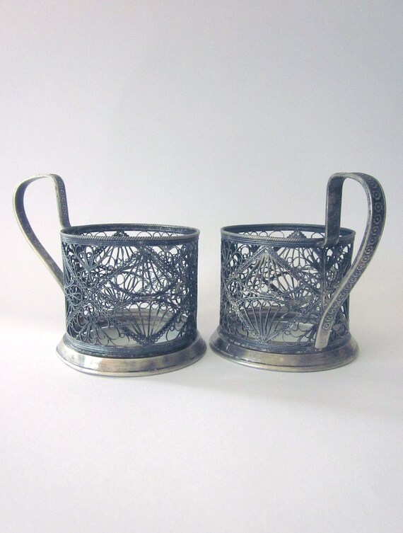 Silver Filigree Vintage Russian Tea Cup Holders Vintage
