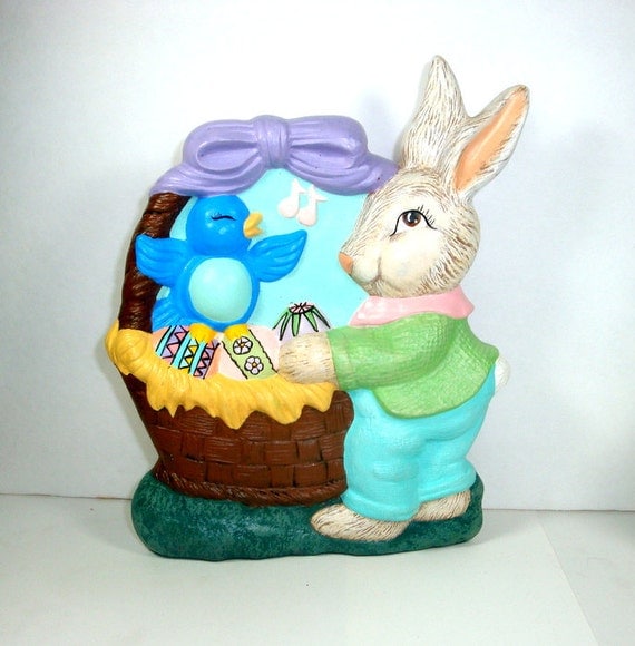 Items similar to Vintage Ceramic Bunny, Easter Basket, Blue Bird