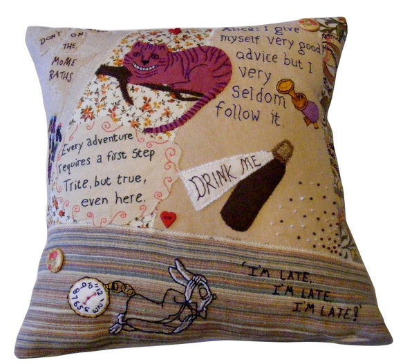 Alice in wonderland themed pillow cushion, patchwork fabrics with applique and hand embroidery.