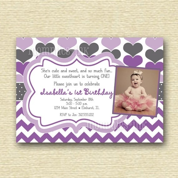 Purple and Gray Sweetheart Hearts Birthday Party Photo Invitation - PRINTABLE INVITATION DESIGN Il_570xn