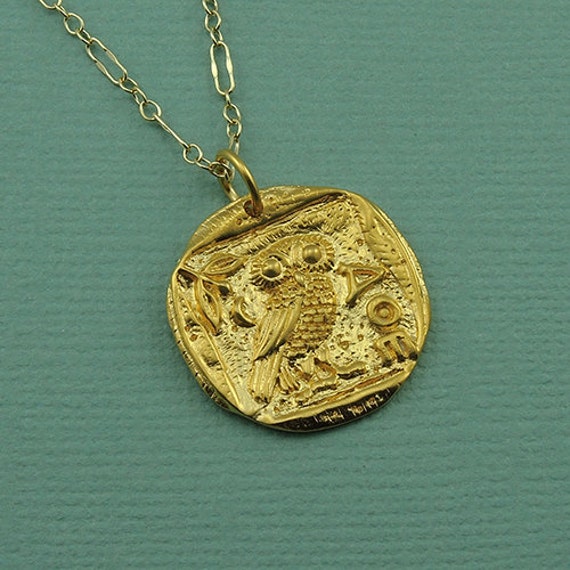 Gold Athena Owl Necklace 24K gold plated greek by TheZenMuse