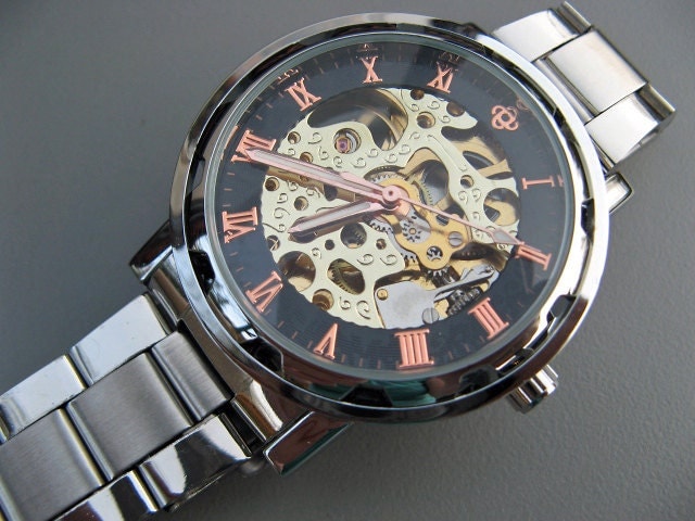 Men's Wrist Watch, Automatic Wrist Watch, Silver Band - Black Copper Silver Gold - Groomsmen Gift - Watch - Item MWA4002