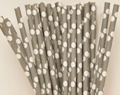 Solid Grey and White Dot Paper Drinking Straws, Paper Straws with DIY Flags, Retro, Vintage, Weddings, Retro Soda Straws Il_170x135