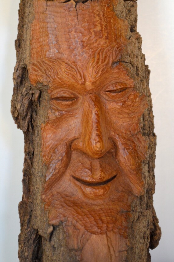 Hand Carved Face on Wooden Log Artist Signed Rod by goodygirlred