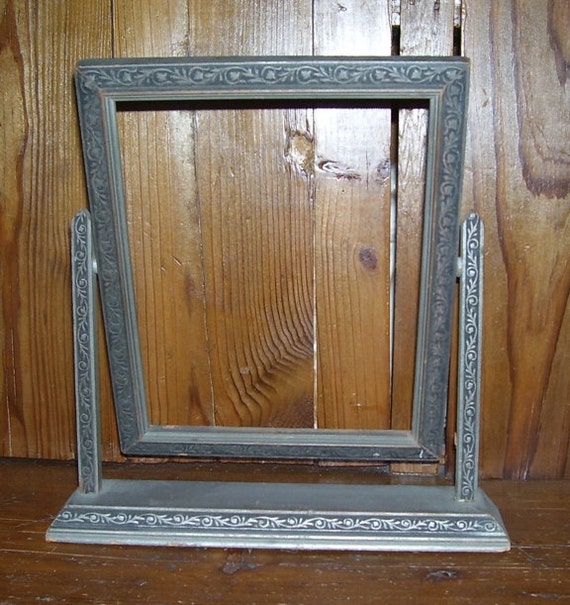 Art Nouveau Tilt Table Top Wood Floral Picture Frame, Wedding Picture Holder, Fancy Wood Trim, Grey Picture Frame, Table Top Picture Frame