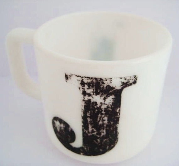 Vintage Milk Glass Mug Letter J Initial Monogram Coffee Cup