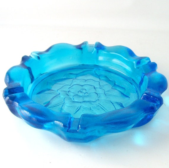 vintage blue glass ashtray flower bright mid century modern