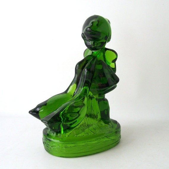 vintage green glass girl with ducks figurine figure retro mid