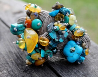 Turquoise Amber Bracelet Linen Macrame Eco Jewelry Green Teal Gray Yellow Orange Gemstone Raw Rough Stone Tapestry Summer Fashion