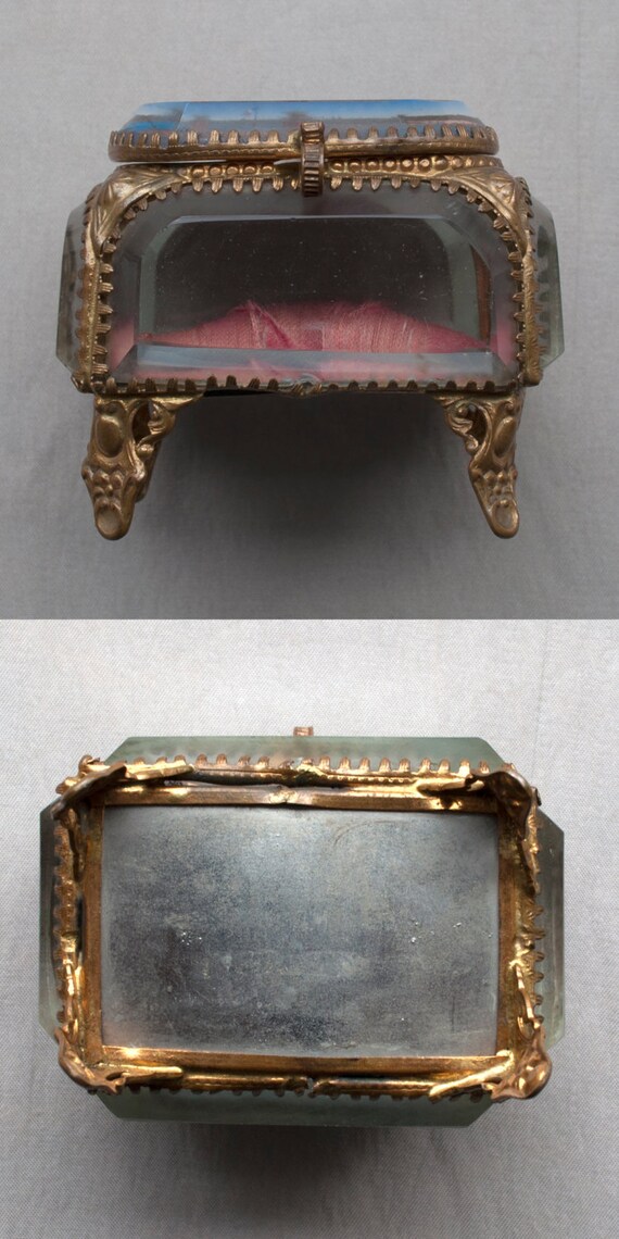 Antique French Jewelry Box Brass and Beveled Crystal from