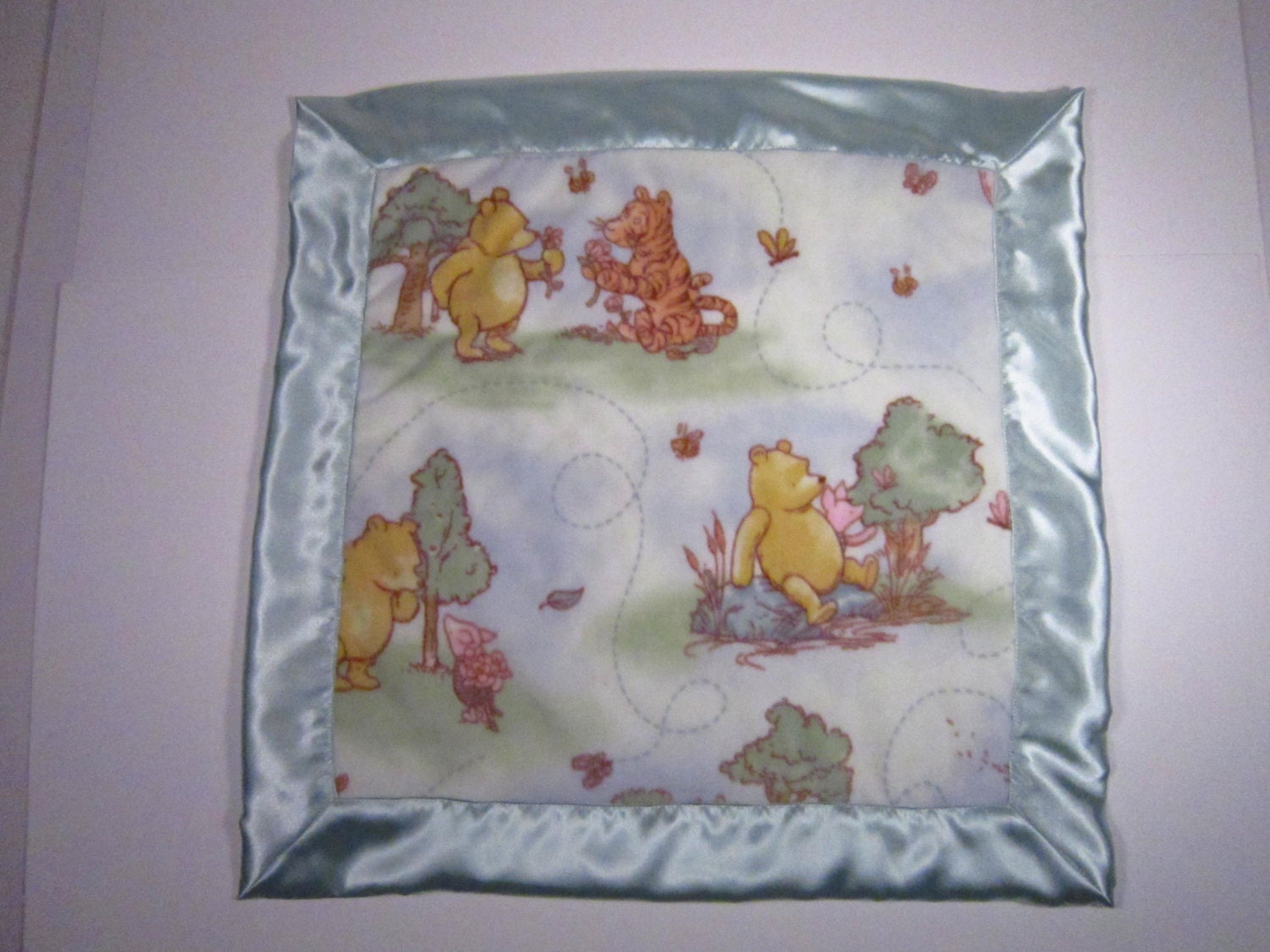 Vintage Winnie the Pooh Baby Blanket White with Silk Trim.