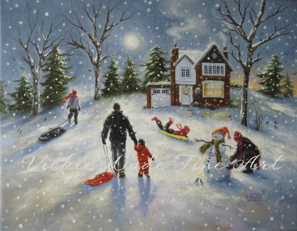 Family Snow Play Art Print sledding children paintings snow