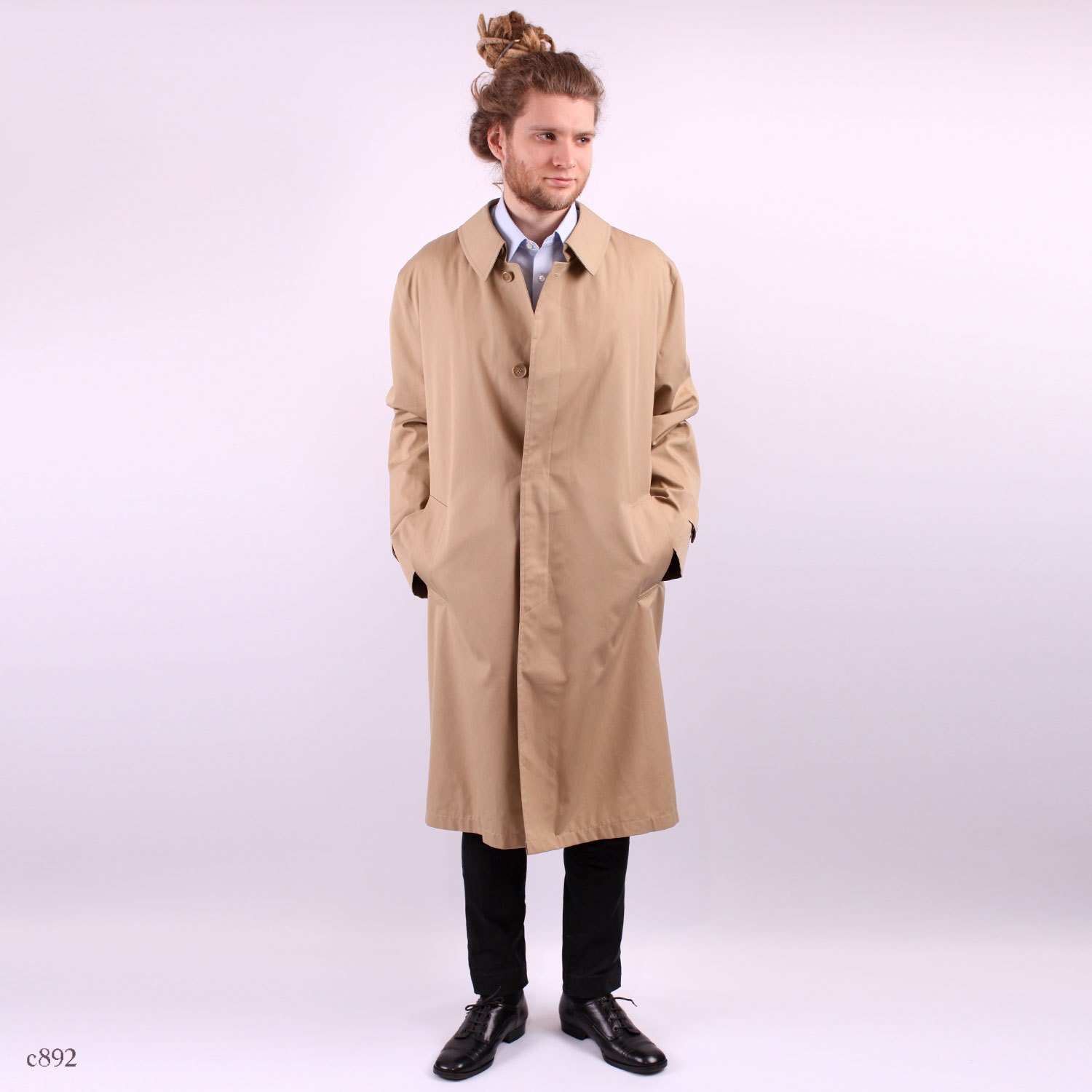 Mens TRENCH Coat . Vintage 1980s Beige Topcoat Retro Longcoat