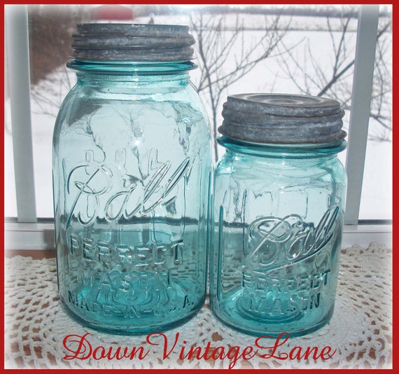 Blue Ball Mason Jars QUART and PINT Size with Raised Embossed