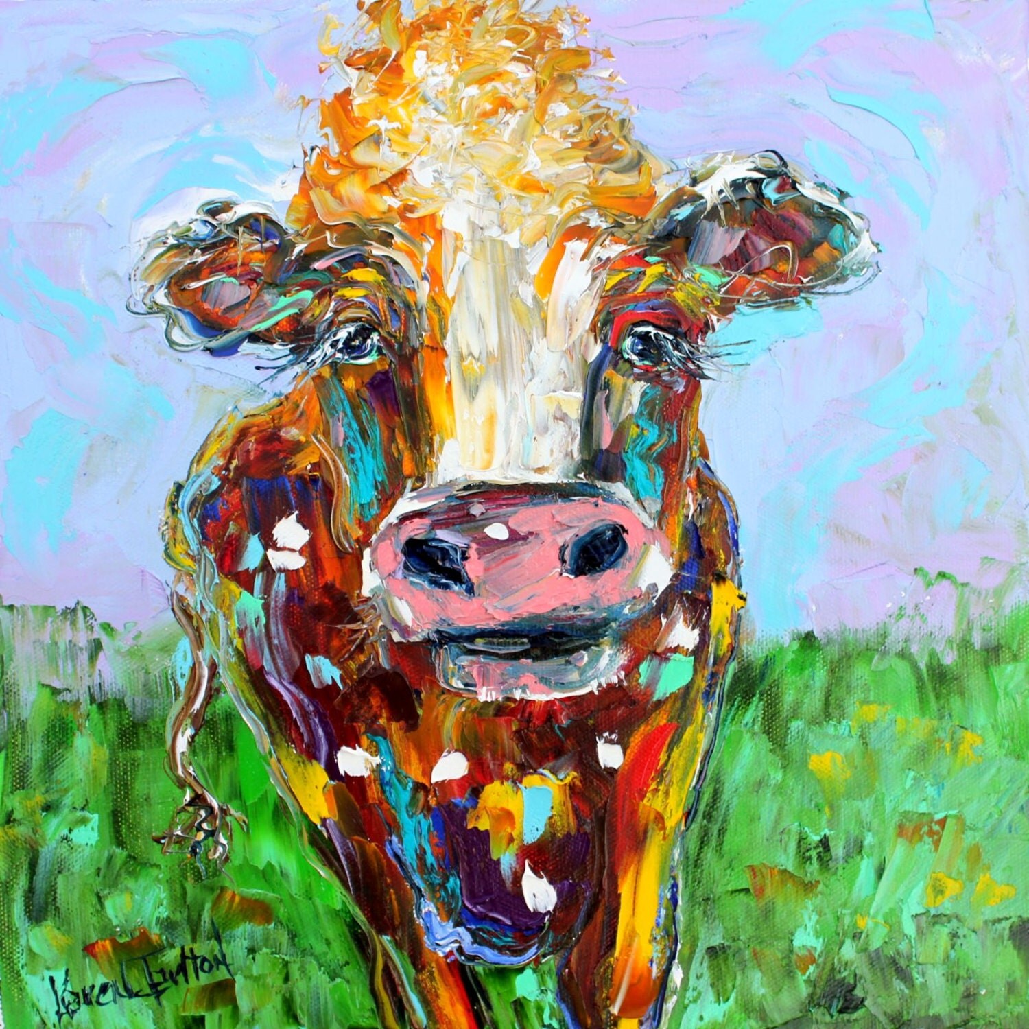 Original Colorful Cow palette knife painting oil impasto on