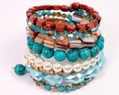 Turquoise Wrap Cuff, Teal Brown Cuff, Memory Wire Cuff, Wood Wrap Bracelet, Multicolor Bead Cuff, Boho Chic Bangle, Casual Chic Bracelet