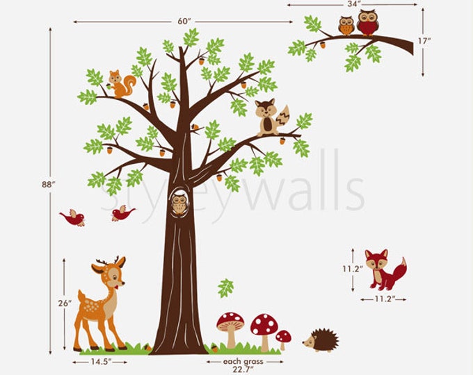Woodland Tree Animals Wall Decal, Nursery Wall Decal Woodland Forest Animals Bambi Deer Owls Squirrels Raccoon Baby Kids Room Art Decor