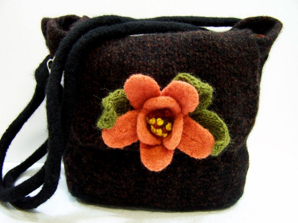 Knit Felted Wool Purse Shoulder Bag Black Brown Purse