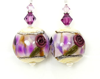 Purple Earrings, Floral Earrings, Lampwork Earrings, Glass Earrings, Glass Bead Earrings, Beadwork Earrings, Lampwork Jewelry