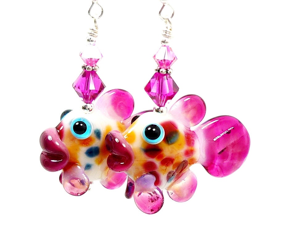 Fish Earrings Pink Orange Earrings Lampwork Earrings Glass