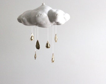 Metallic Rain Cloud Mobile in Gold or Silver - for baby nursery decor in white linen and metallic faux gold leather- Free US Shipping