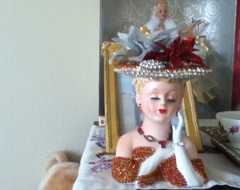 Jeweled red Lefton 2705 lady head vase