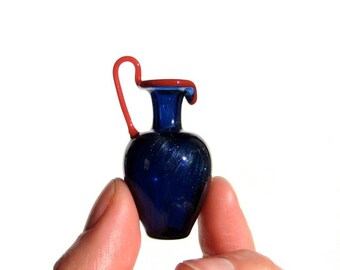Miniature Pitcher in Sparkly Blue and Coral, Hand Blown Glass