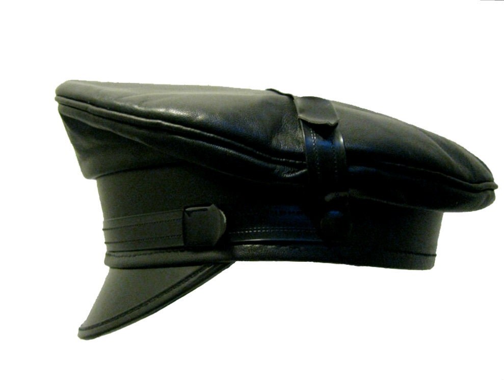 Vintage Mens Cruiser Motorcycle Cap Black Leather 1970s Biker