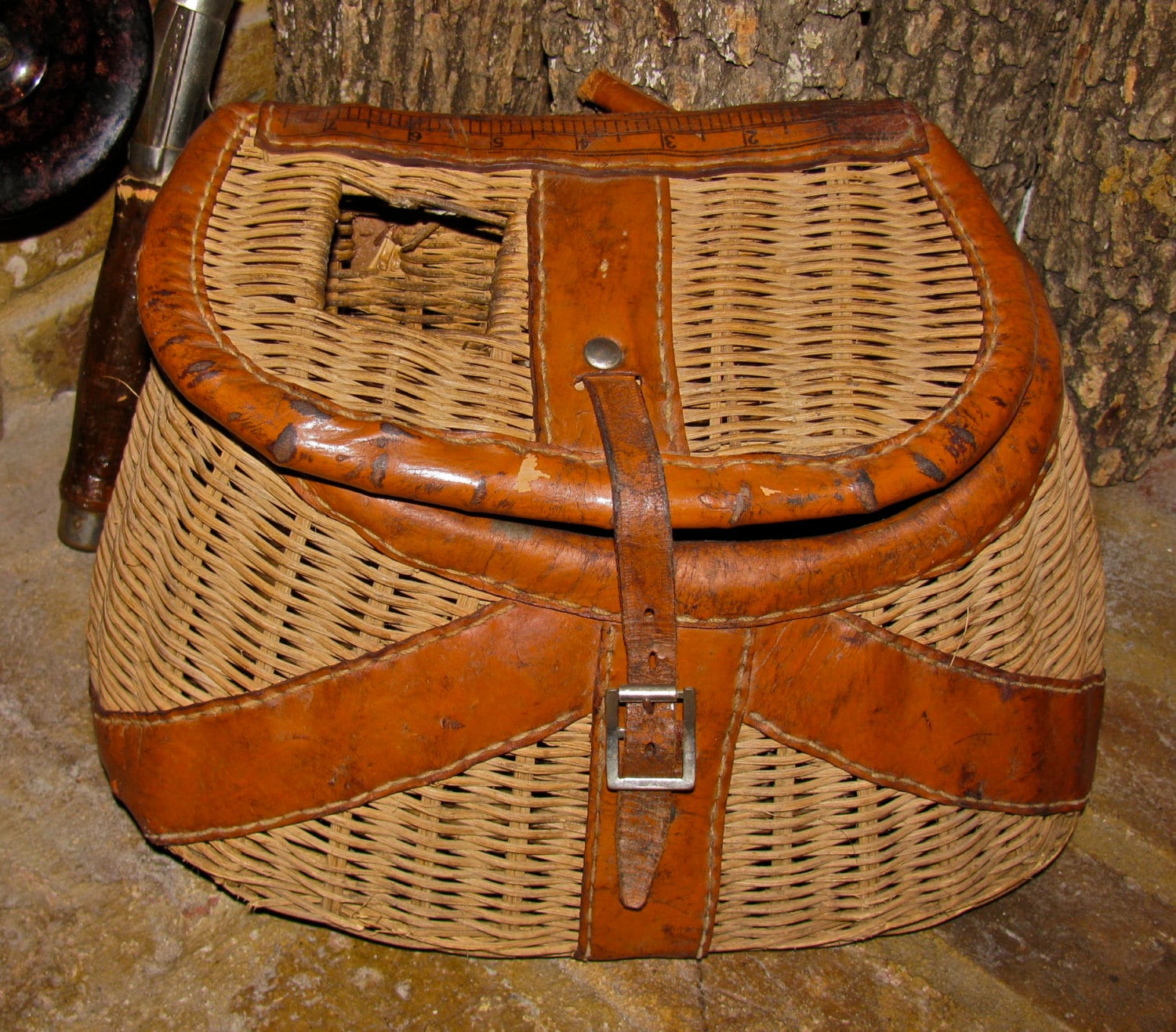 Vintage Wicker & Leather Fishing Creel Basket