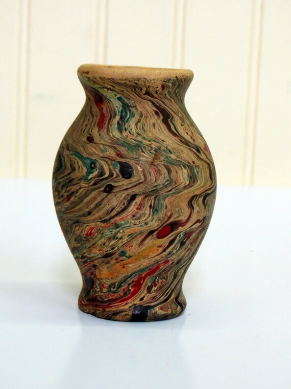 Nemadji Pottery Vase Emerald Black Swirl Home Decor