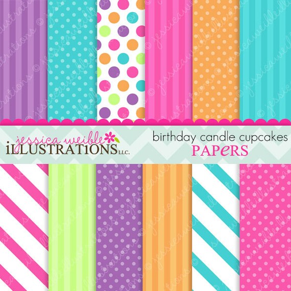 Birthday Candle Cupcakes Cute Digital Papers Backgrounds for Invitations, Card Design, Scrapbooking, and Web Design Il_570xn