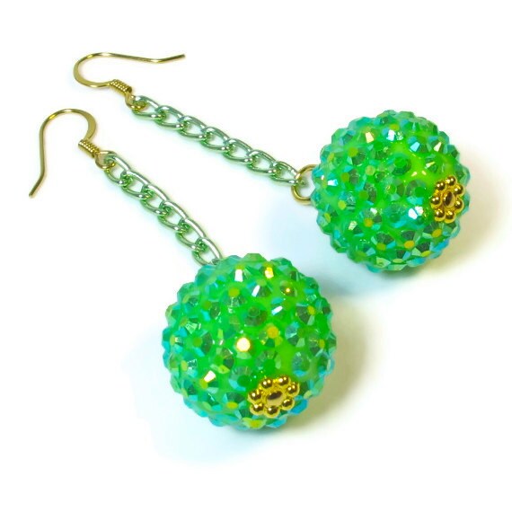 Sparkly Lime Dangle Earrings Lime Green Retro by BluKatDesign