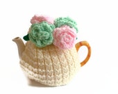tea  cosie cozy hand knitted with large mint and pink  crochet roses