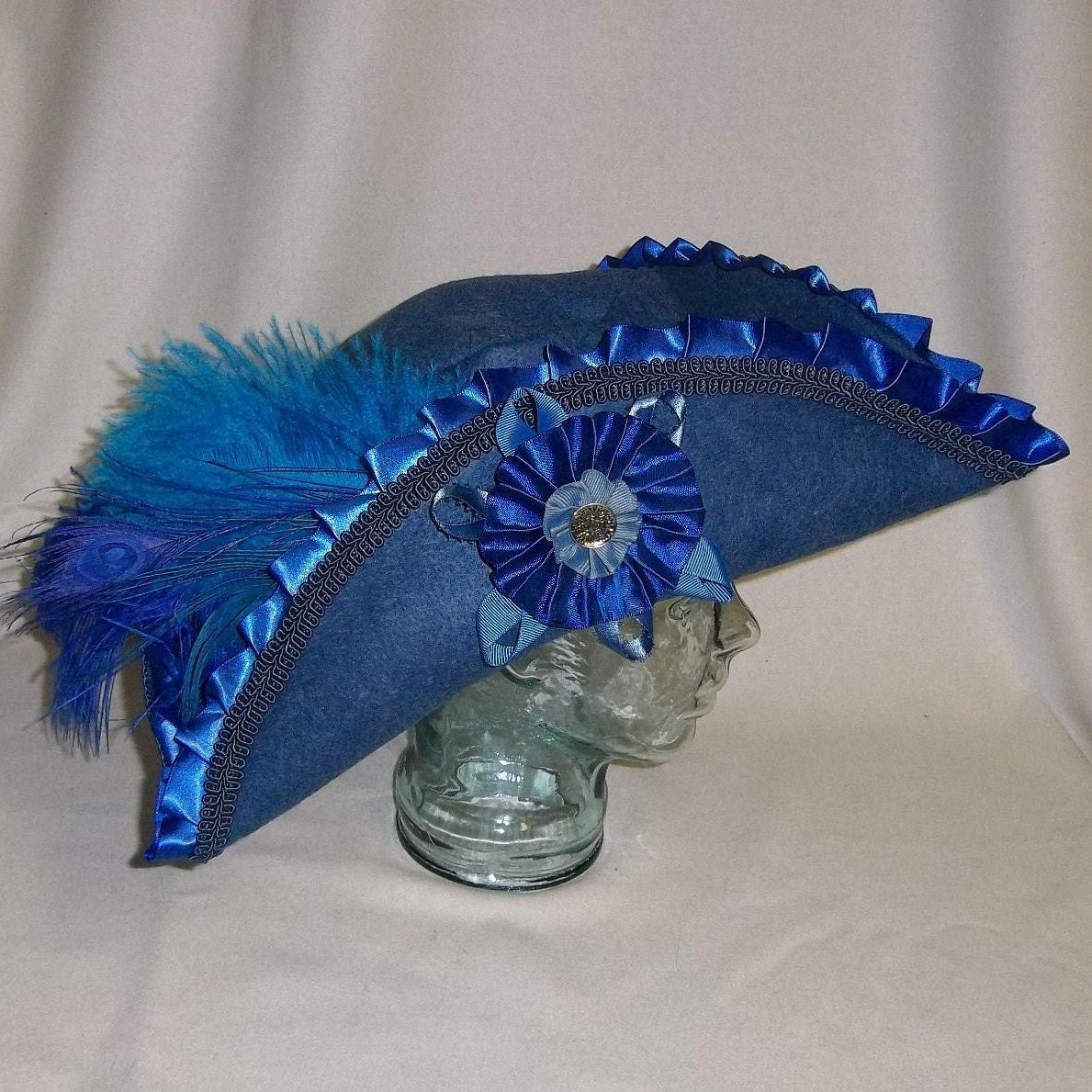 Deluxe Blue Pirate Hat Tricorn with Blue Trim and Feathers