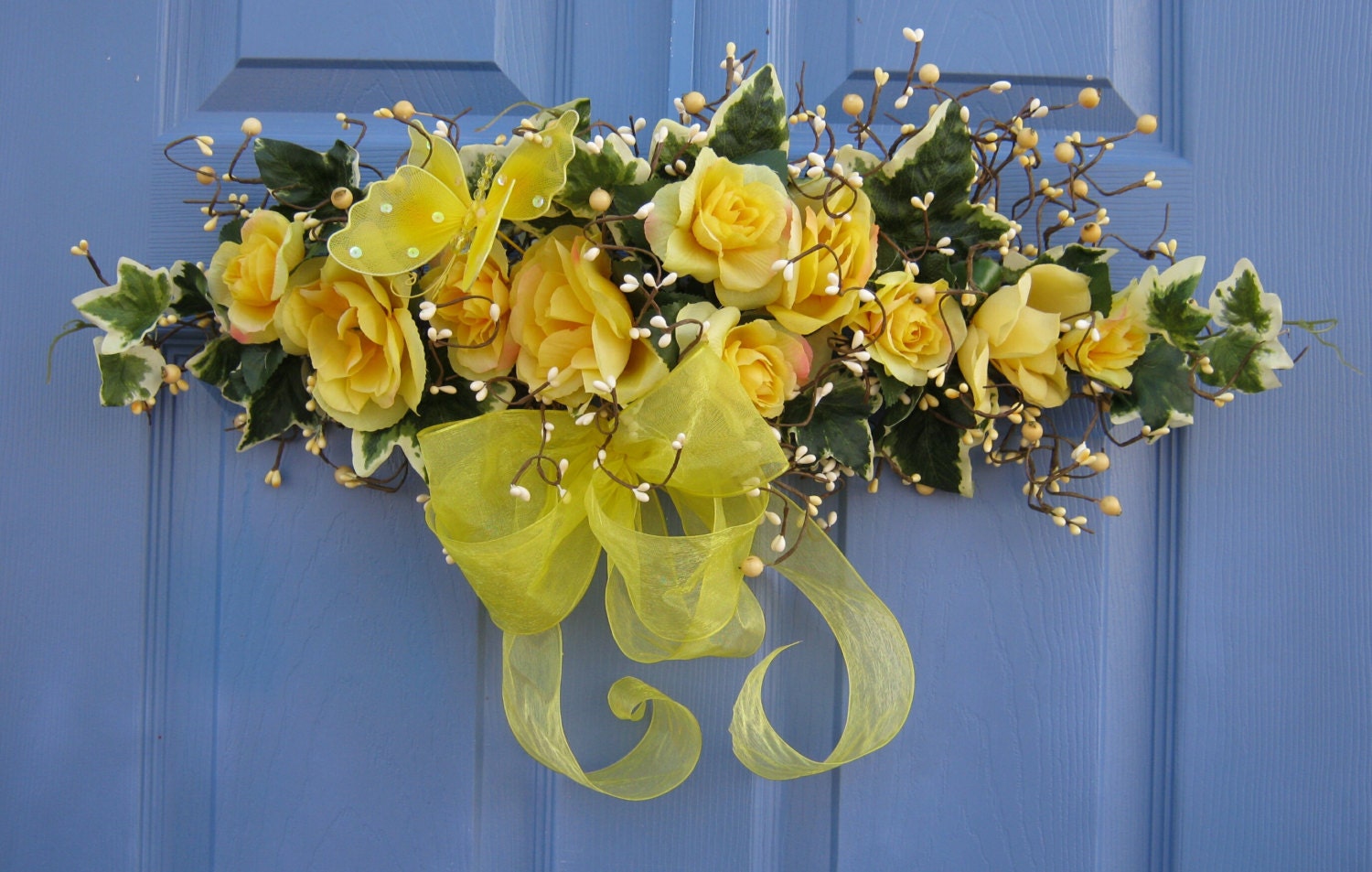 Sunshine Yellow Rose Swag Topper Floral Door by welcomesbypj