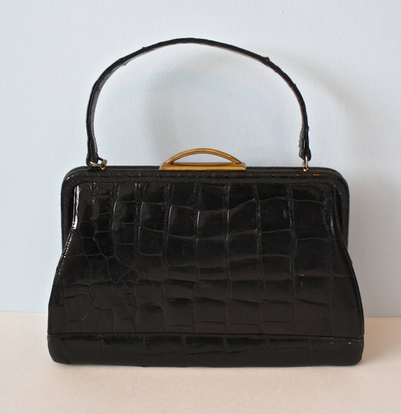 1940s DEITSCH CROCODILE Purse / Vintage Black Handbag / Box
