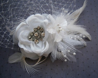 White, feather, Wedding, hair, accessory, Bridal veil, Feathered, Fascinator, clip, Accessories, Facinator - WHITE ROSE